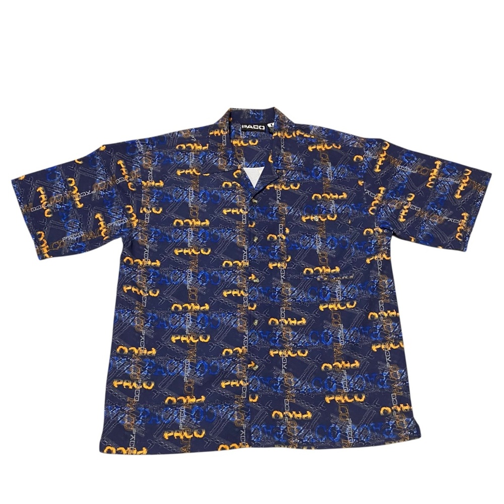 Y2K PACO Men’s Camp Shirt Hip Hop Vintage Large All Over Print 90s Blue Baggy
